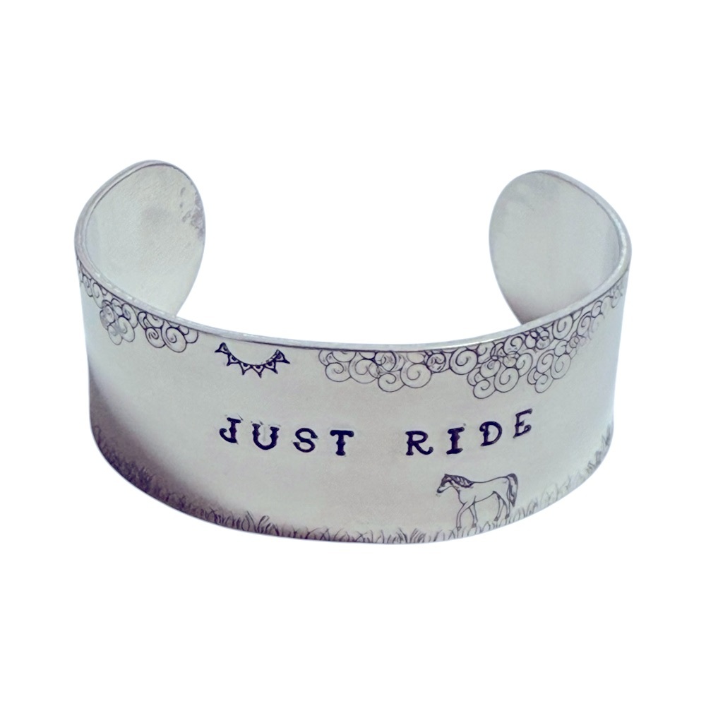 Handmade stamped silver Just Ride' hypoallergenic Cuff‎ Bracelet